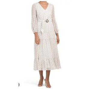 Taylor Woman Plus Size 18W White Black Dot Tiered Midi Dress Belted V Neck